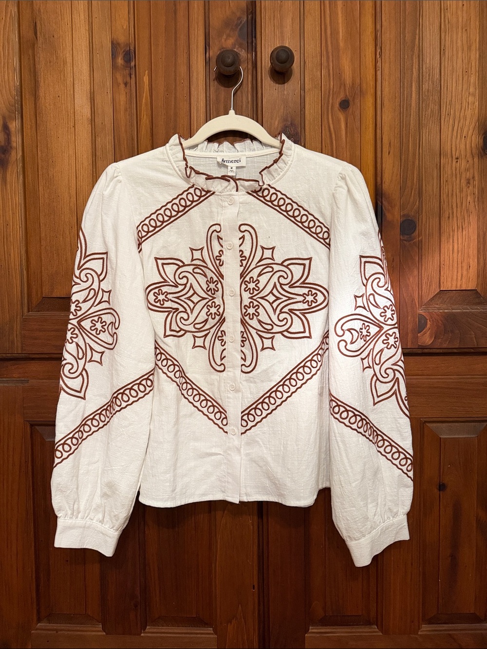 Embroidered White Peasant Blouse with Brown Motif - Ameri